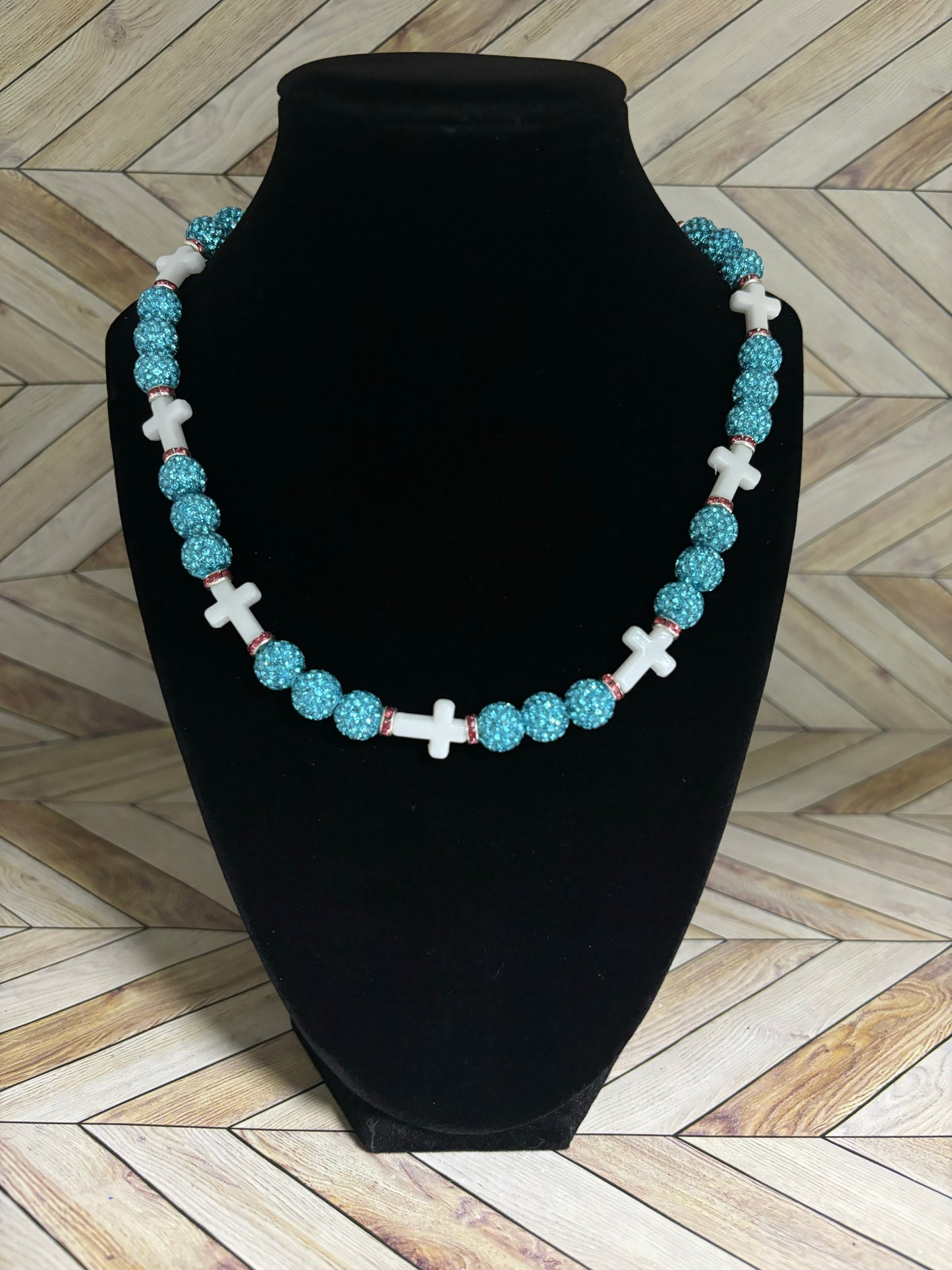 Aqua & White Mini Cross Necklace