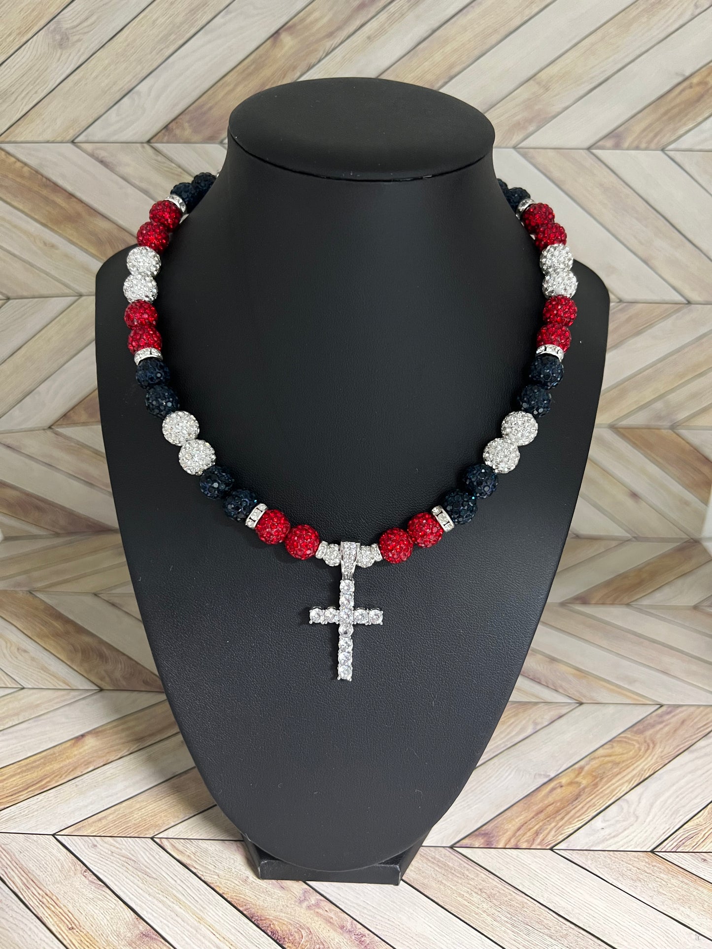 Navy, White & Red Cross Pendant Necklace