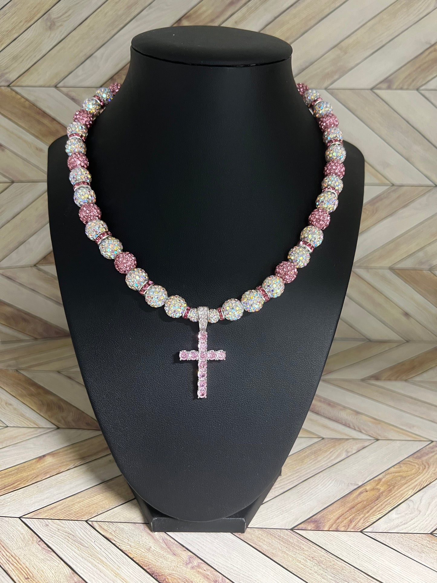Pink & Iridescent Candy Cross Pendant Necklace