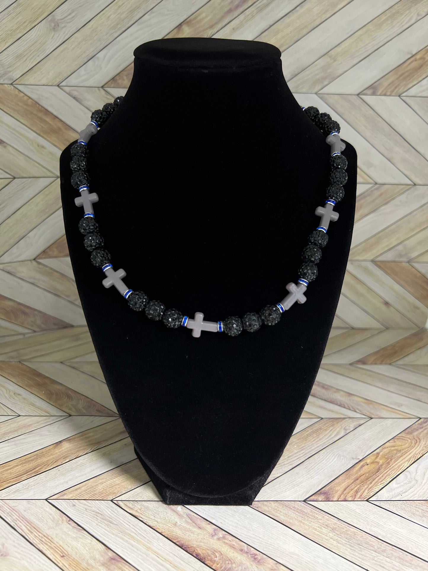 Black & Grey w/ Royal Blue Spacers Mini Cross Necklace