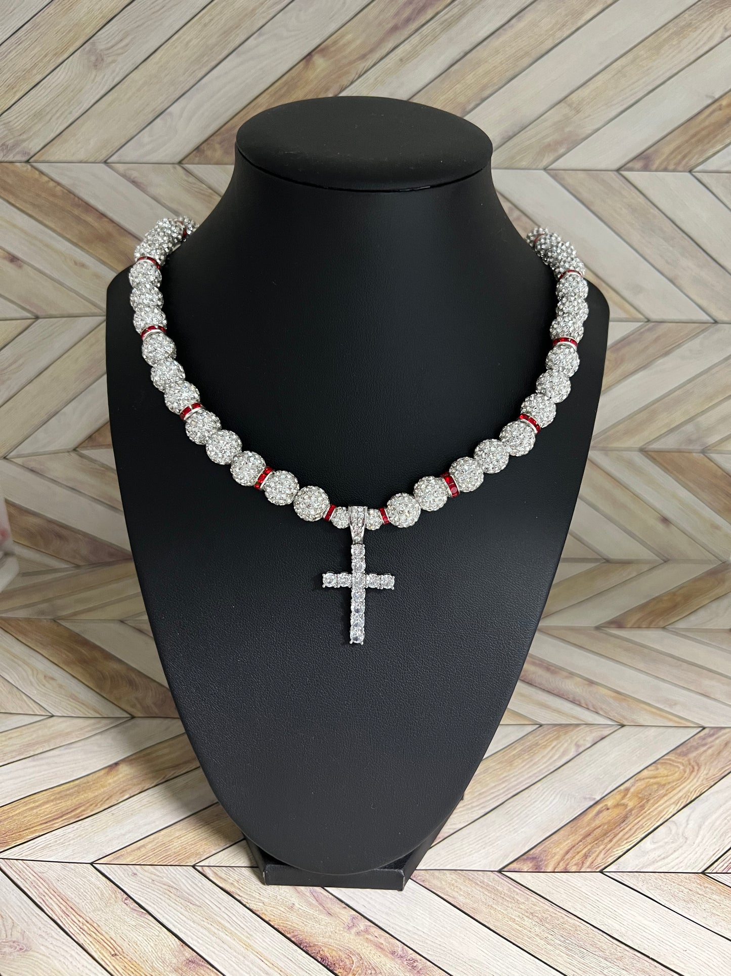 White & Red Spacer Cross Pendant Necklace