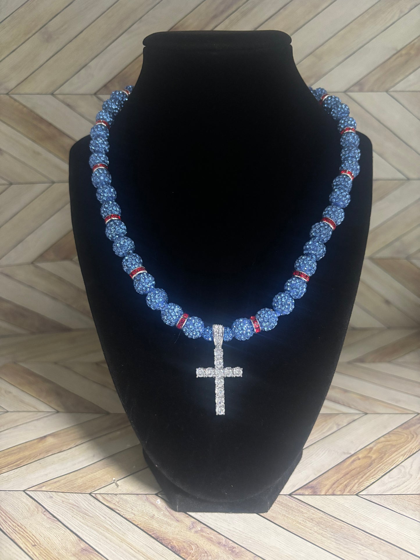 Baby Blue w/ Red Spacers Cross Pendant Necklace