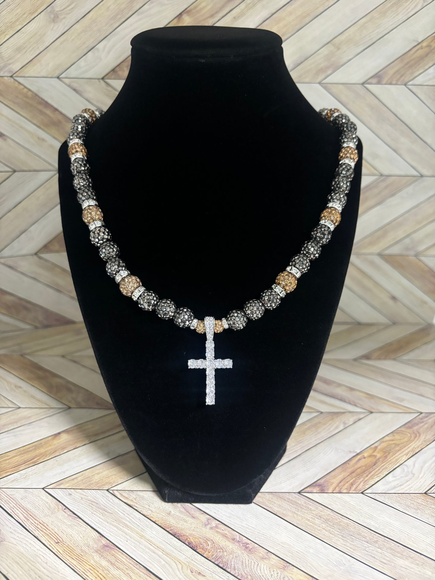 Grey & Gold Cross Pendant Necklace