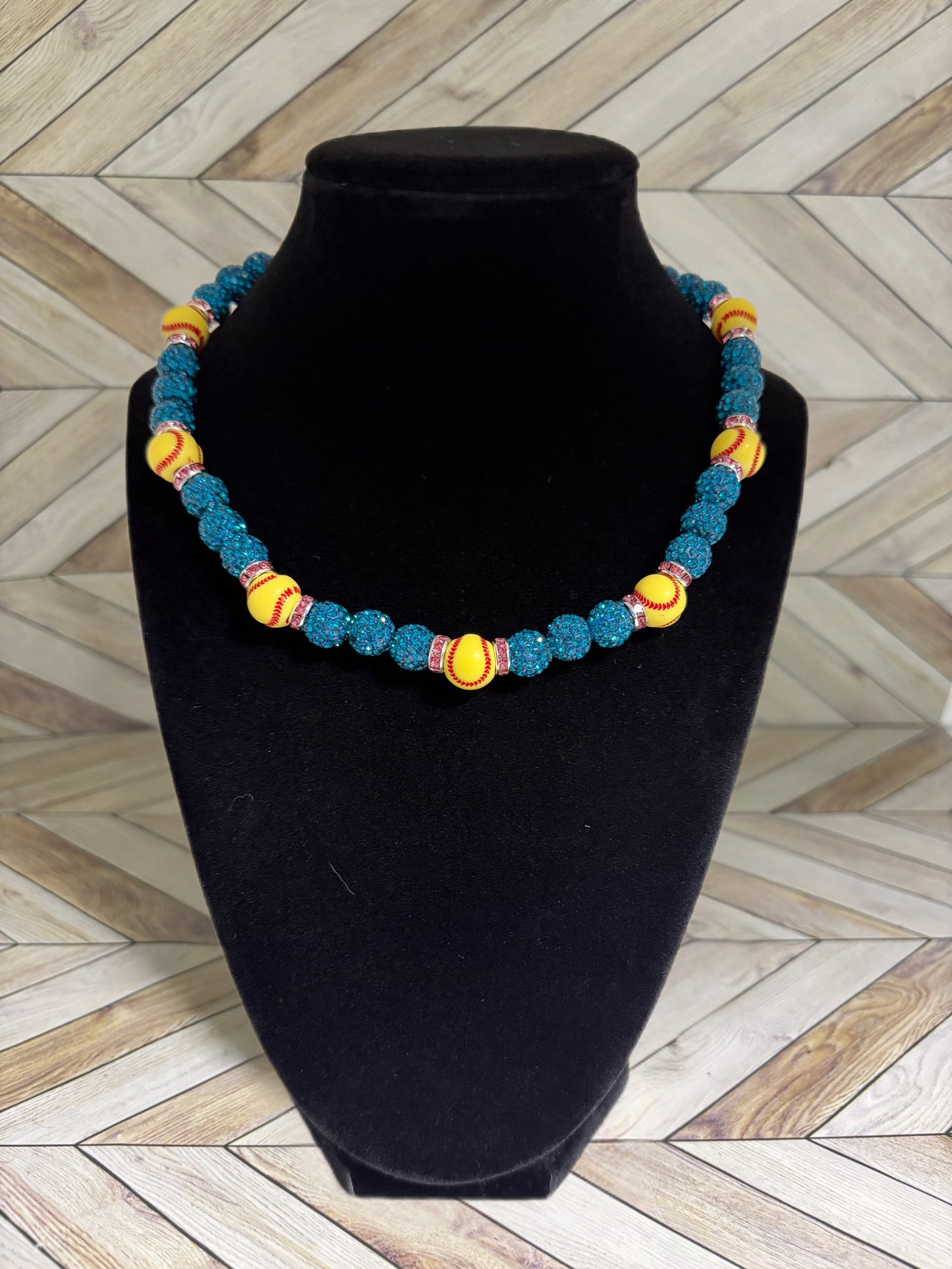 Teal w/ Pink Spacers Softball Necklace