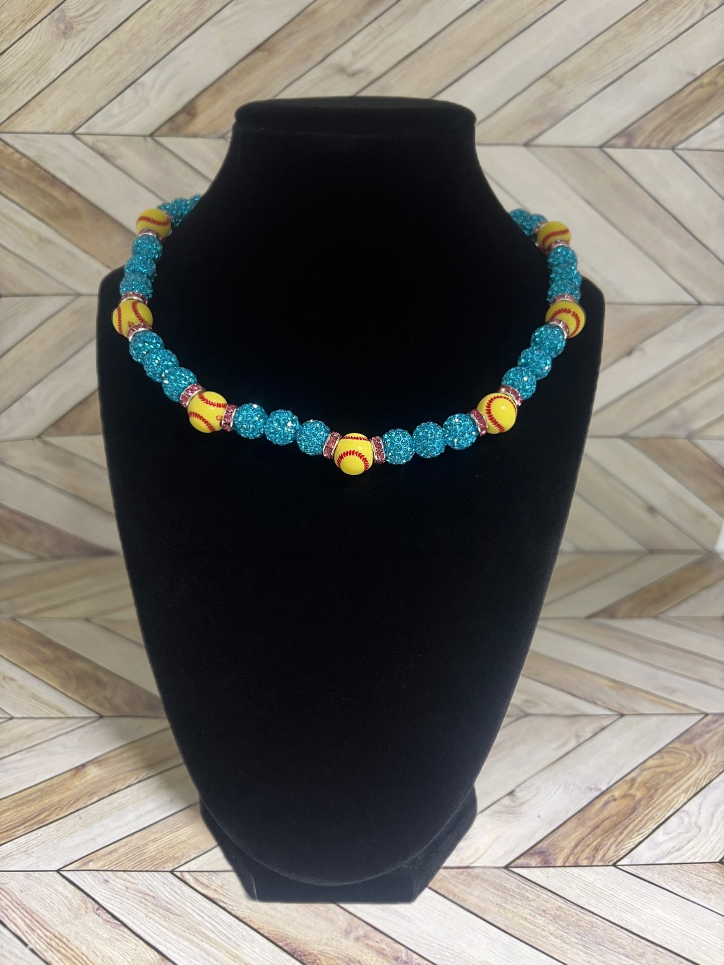 Aqua w/ Pink Spacers Softball Necklace
