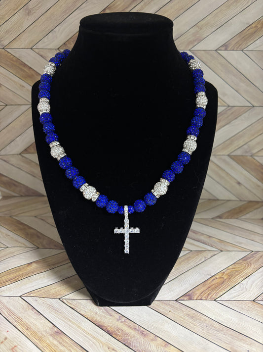 Royal Blue, White, White Spacers Cross Pendant Necklace