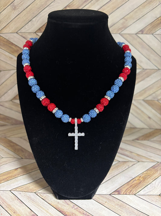 Baby Blue, Red, White Spacers Cross Pendant Necklace