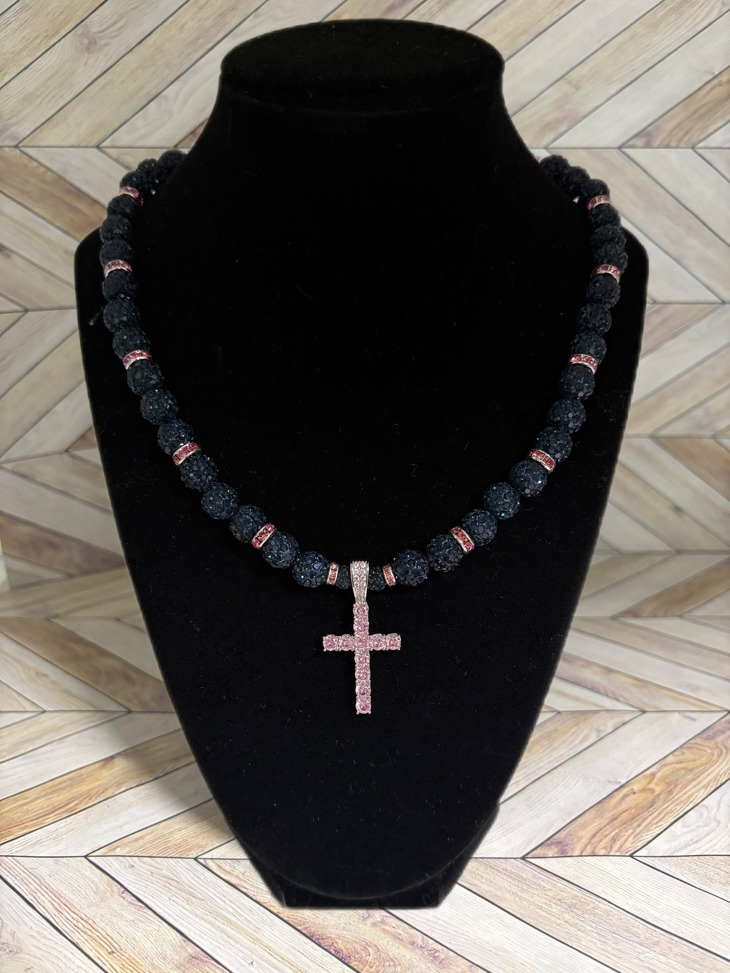 Navy w/ Pink Spacers Cross Pendant Necklace