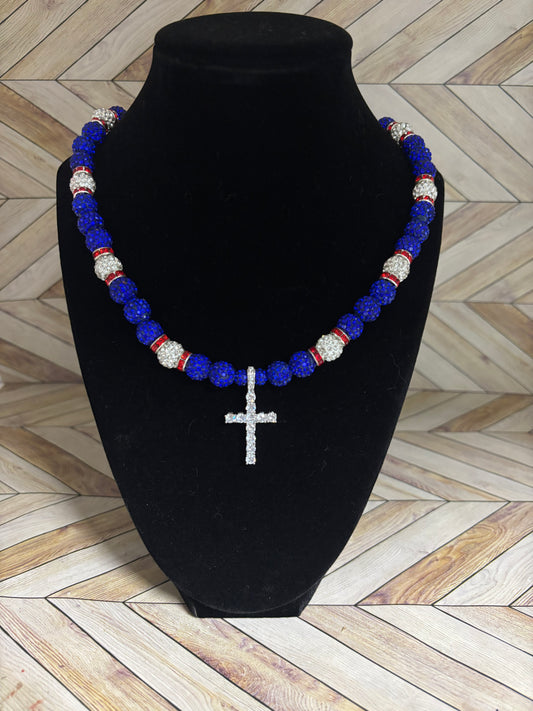 Royal Blue, White, Red Spacers Cross Pendant Necklace