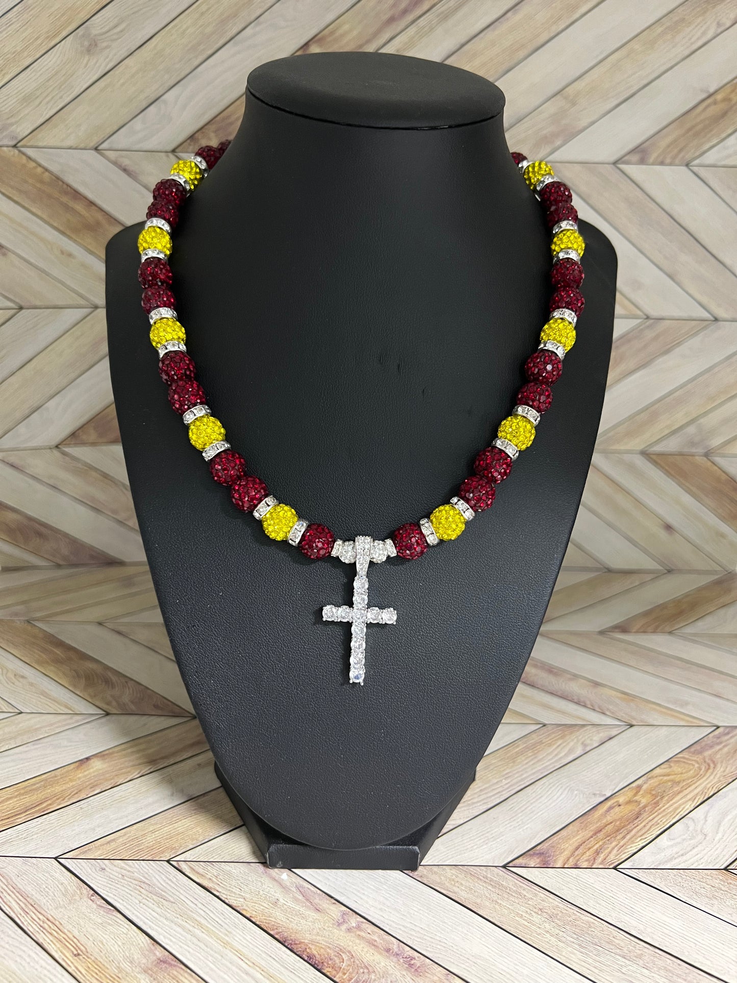 Maroon, Yellow & White Cross Pendant Necklace