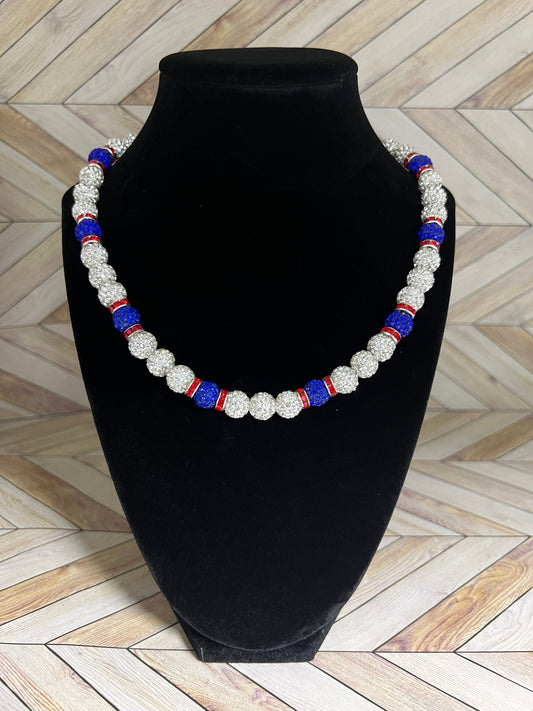 White & Royal Blue w/ Red Spacers Necklace