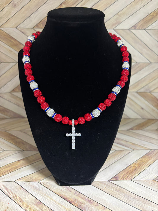 Red, White & Blue Spacers Cross Pendant Necklace