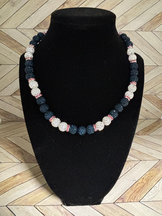 Navy Blue & White w/ Pink Spacers Natty Necklace