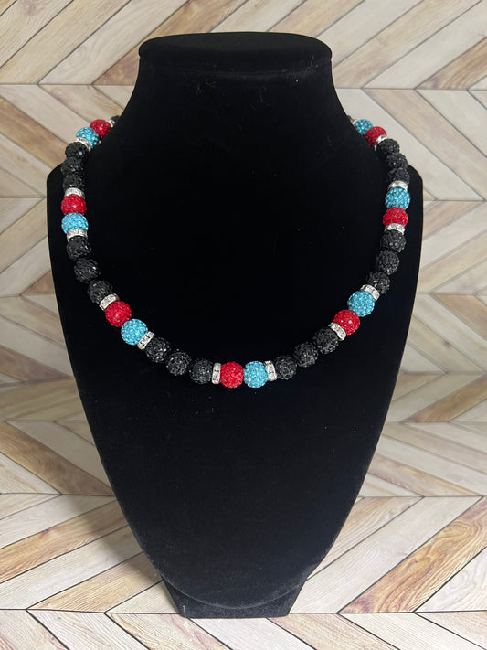 Black, Aqua & Red w/ White Spacers Necklace